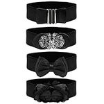 BELLE VOUS 4 Pack Womens Black Vintage Elastic Stretch Waist Belts - 4 Styles - Wide Retro Fashion Cinch Waistband Belts For Dresses