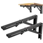 Homtone 2Pcs Folding Shelf Brackets, Heavy Duty Metal Black Triangle Shelf Bracket for Bench Table, Wall Mounted Space Saving Collapsible DIY Brackets, Max Load 75kg (30cm)