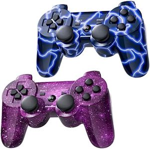 Burcica PS3 Controller 2 Pack Wireless Motion Sense Dual Vibration Upgraded Gaming Controller for Sony Play Station 3 with Charging Cord (Blue+Purple)