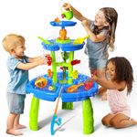 CozyBomB™ 3-Tiers Water Table for Toddlers, Outdoor Water Play Table with Magnetic Fishing Game, Splash Pond, Shower & Sand Sensory Activity, Plastic, Ages 3-8