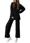 PRETTYGARDEN Women's Fall Two Piece Outfits Matching Lounge Sets Long Sleeve High Low Tops T Shirts Wide Leg Pants Tracksuits (Black,Small)