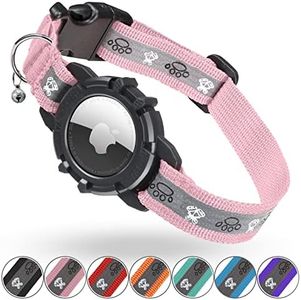 Odokele Reflective AirTag Cat Collar, Integrated Cat Tracker Collar with Air Tag Holder and Bell, Safety Elastic Band Cat GPS Collars for Girl Boy Cats, Kittens and Puppies (Pink, S)