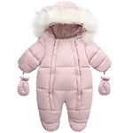 Happy Cherry Winter Onesies for Toddler Kids Hooded Warm Romper Cotton Puffer Down Snowsuit Jacket Thicken Jumpsuit Outerwear Footed Zipper Bodysuit Coat Jacket with Gloves Pink 12-18 Months