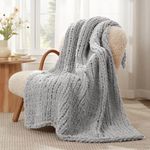 Amélie Home Chunky Knit Blanket Throw, Thick Soft Yarn Chunky Throw 50x60, Handmade Chenille Cable Knitted Crochet Throw Blanket, Warm Rope Knot Blanket for Couch Bed Sofa. Light Grey