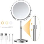 Lighted Makeup Mirror with Height Adjustable, 8.5” Rechargeable LED Magnifying Mirror with 3 Dimmable Colors, 1X 10X Double Sided Vanity Mirror with Lights, 360° Rotation Touch Screen Makeup Mirror