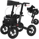 MobiQuip All Terrain 4 Wheel Rollator Walker with Seat, Black Coloured Frame - Lightweight, Folding Mobility Aids with Large 12" Pneumatic Tyres - Adjustable Handles, Easy-Grip Brakes & Storage