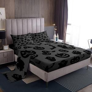 Feelyou Halloween 4 Pieces Sheet with 16 Inch Deep Pockets for Girls Boys Kids King Size Pumpkin Bats Bedding Room Decor Cute Ghosts Bed Sheets Set Balck and Gray Bed Cover