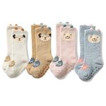 Jupsk Baby Winter Fuzzy Socks with Grips, 4 Pairs Non Slip Warm Coral Fleece Long Slipper Socks Knee-High Stockings for Infants Girls and Boys 12-18 Months Animals