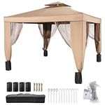 VEVOR Outdoor Canopy Gazebo Tent, Portable Canopy Shelter with 10'x10' Large Shade Space for Party, Backyard, Patio Lawn and Garden, 4 Sandbags, and Netting Included, Brown