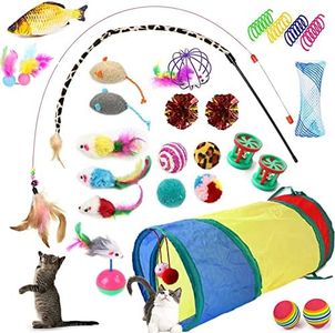 28 PCS Cat Toys,Set of Cat Toys for Indoor Cats,Variety Catnip Toys with Collapsible Rainbow Tunnel Interactive Feather Teaser Fluffy Mouse Crinkle Balls Spring and Bells Toy Set for Kitty and Cats