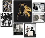 Living Room Abstract Wall Art Matte Black Horse Picture Print with Photo Frame Decor for Modern Home Walls, Black Framed Set of 7