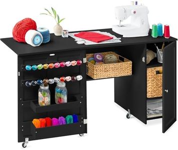 Best Choice Products Large Folding Sewing Table, Multipurpose Portable Craft Station & Side Desk w/Compact Design, Caster Wheels, Storage Shelves, 2 Storage Trays, Magnetic Doors - Black