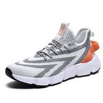 ZXWFOBEY Men Running Shoes Trainers Gym Fitness Sports Shoes Lightweight Road Running Shoes Absorbing Athletic Walking Fly Knitting Shoes (Grey White, 10.5)