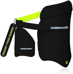 moonwalkr Cricket Thigh Guards 2.0 Lightweight Cricket Guard & Equipment Unisex Thigh Pads for Batter's Height (5'9"-6'2") Safeguarding Both Your Outer and Inner Thighs Black (Large, Right Hand).