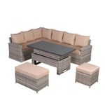 Club Rattan Ashley Range High Back LHF Rattan Garden Sofa Set with Rising Table, 9 Seater Outdoor Furniture Rattan Corner Sofa, Corner Garden Furniture Sets in Beige grey Rattan