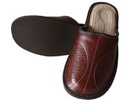 PAFOLI Mens Leather Slippers - Handmade Brown Moccasins Shoes made with Natural Mules Wool - Available in Different Sizes UK (10.5 UK, Brown)