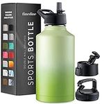 FineDine Triple Walled, Insulated Water Bottles with Straw - 64 Oz Stainless Steel Metal Bottle W/ 3 Leak Proof Lids - For Travel, School, Sports, Gym / Men, Women & Kids - Dreamy Green