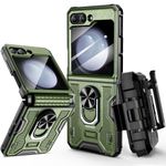 VEGO for Z Flip 5 Case with Hinge Protection, 360°Ring Magnetic Kickstand & Camera Screen Protector & Belt Clip Holster, Military Grade Shockproof Case for Samsung Galaxy Z Flip 5 - Green