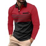 Mens T-Shirts Long Sleeve Colour Blocking Check Print Solid Colour Polo Shirts for Men Adult Cotton Zip Button Lapel Polo Shirt Fashion Autumn Winter Men's Business Slim Casual Shirt Tops Sale