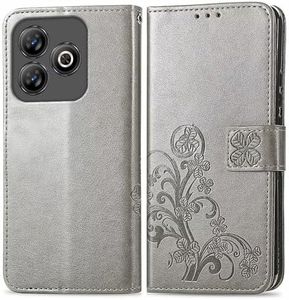 RankOne Leather Case for ZTE Blade A75 (6.6 Inches), Wallet Case with 3 Card Slots, 1 Coin Pocket, Four-Leaf Clover Pattern - Grey