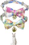 Floral Print Detachable Cat Collar Set - 2-Pack, Cotton Blend, Cute Bell，Adjustable 7.5-12.2in for Boy and Girl Cat (Blue & Green)