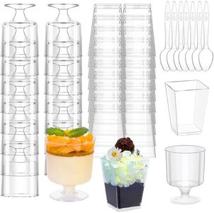 mwellewm 300 Packs Dessert Cups with Spoons, 5 OZ Mini Clear Plastic Dessert Parfait Cup for Party, Square Dessert Shot Glasse Round Goblet Small Reusable Fruit Ice Cream Pudding Appetizer Cup Bowls
