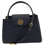 Tory Burch 140972 Britten Black With Gold Hardware Pebbled Leather Women's Satchel Bag, Black, Medium
