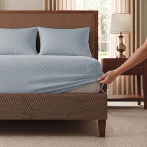 Urban Space 100% Cotton 300TC Jacquard Fitted bedsheets for King Size Bed, Pure Cotton Bedsheet King Bed, Checks Fitted bedsheet King Size with 2 Pillow Covers (72 x 78 Inches, Greyish Blue Cubes)