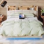 ANCTOR Floating Queen Bed Frame with Charging Station, Tall Bookcase Headboard, Solid Wood Slats Support, No Box Spring Needed, Easy to Assemble