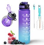 K-MART Water Bottle 1000 ml Sports Water Bottle with Motivational Time Marker and Straw, Leak-Proof Drink Bottle BPA Free Non-Toxic Tritan Material 1 Click Open for Running Gym Blue