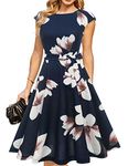 Women Casual Dresses Vintage Cocktail Tea Party Dress A-Line Summer Work Dress, Navy Blue Flower, XX-Large