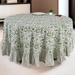 CPC Agate Green Block Print Ruffle Round Table Cloth 132 Inch Round