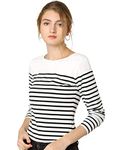 Allegra K Women's Slim Fit Long Sleeve Striped T-Shirt Round Neck Tops Black-White Small