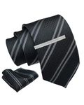 Axlon Black Striped Tie For Men – Formal Ties Set With Pocket Square & Tie Pin Clip For Mens, Silk Neckties Gift Sets For Men’s (AXNW15)