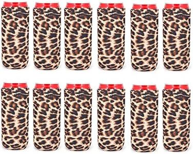 12pcs Neoprene Slim Beer Can Cooler Tall Stubby Holder Foldable Stubby Holders Beer Cooler Bags Fits 12oz Slim Energy Drink & Beer (Leopard (12Pack))