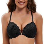 Deyllo Women's Front Closure Bras Push Up Lace Racer Back Underwire Padded Plunge Bra(Black,34E)
