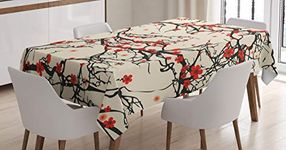 Japanese Tablecloth by Ambesonne, Asian Nature Cherry Blossom Sakura Branch Flowers Blossoms Artwork Print, Dining Room Kitchen Rectangular Table Cover, 52W X 70L Inches, Red and Dark Brown