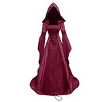 AMhomely Medieval Dress Womens Vintage Hooded Witch Cloak Dress Square Neck Lace Up Waist Long Dress Floor Length Trumpet Sleeve Halloween Cosplay Dress Renaissance Gown