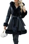 Bellivera Faux Leather Jacket Women Winter Parka Belt Long Sleeve Coat with Fur Collar 242 Black XL