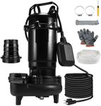 1HP Sewage Grinder Sump Pump, Cast Iron Submersible Effluen Pumps 110V 6400GPH with Auto Float Switch and Adapter for Basement, Sump Basin, Residential Sewage, 2" NPT Discharge
