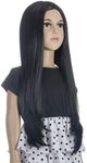 Morticia Long Straight Middle Parting Girls and Kids Halloween Costume Pretend Play Wig (Black)