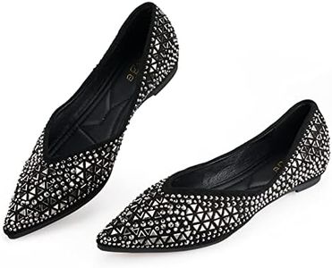 Flats Shoes Women Rhinestone Pointed Head Ballet Flats Comfortable Soft Memory Foam Insole Flat Shoes for Women Comfortable Dress Shoes, Black, 7.5