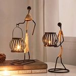 2Pcs Candle Holders for Tables, Retro Black Iron Tea Light Candle Holders Vintage Candlestick Stand Little Girl Shaped with Hemp Rope Design for Living Room Valentine Wedding Christmas Decoration (B)