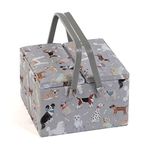 Hobby Gift Exclusive Large Twin Lid Sewing Craft Hobby Storage Box, Accessories Tray Pin Cushion Pockets PVC Handles, 25 x 25 x 17cm, Grey Dogs