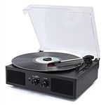 Hernido Vinyl Record Player, Belt-Driven 3-Speed Turntable, Bluetooth Speaker with Input & Output Function, Supports AUX-in, RCA Output, Headphone Jack (Black)