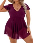 Blooming Jelly Womens Plus Size Swimsuit One Piece Tummy Control Bathing Suit Modest Curvy Cute Swim Dress Ladies Swimwear, Burgundy, 3X-Large Plus