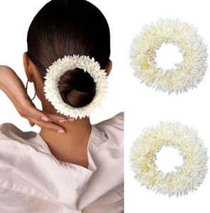 Hair Flare Pack Of 2 Scented Mogra Gajra Hair Accessories For Women & Girls - Hair Flower Bun Artificial Gajra Scrunchies Rubber Band - Premium & Voluminous 2709, White