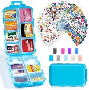 14 Grids Travel Pill Organizer Box with 415-Pcs Medicine Name Labels - Pocket Daily Pharmacy Case Container Kit - Travel Medication Holder Dispenser for Fish Oil Vitamin Supplement Storage - Blue