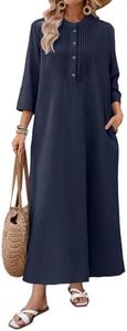 Celmia Cotton Dress for Women Casual Long Sleeve Linen Maxi Dresses DarkBlue Small