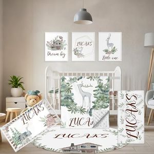 Terwex Personalized Baby Bedding Set - 5 Pcs Custom Toddlers Bedding Set with Infant Name - Soft Double Layer Nursery Crib Set for Girls Boys - Customized Infant Gifts for Baby Shower - Forest Deer